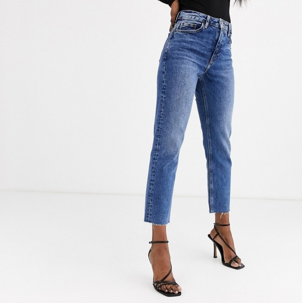 Topshop Straight Leg Jeans in Mid-Wash Blue